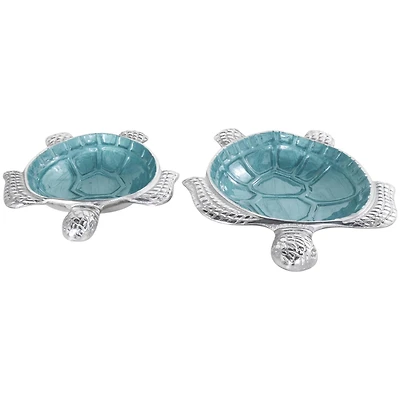 Teal & Silver Textured Enameled Turtle Bowl Set