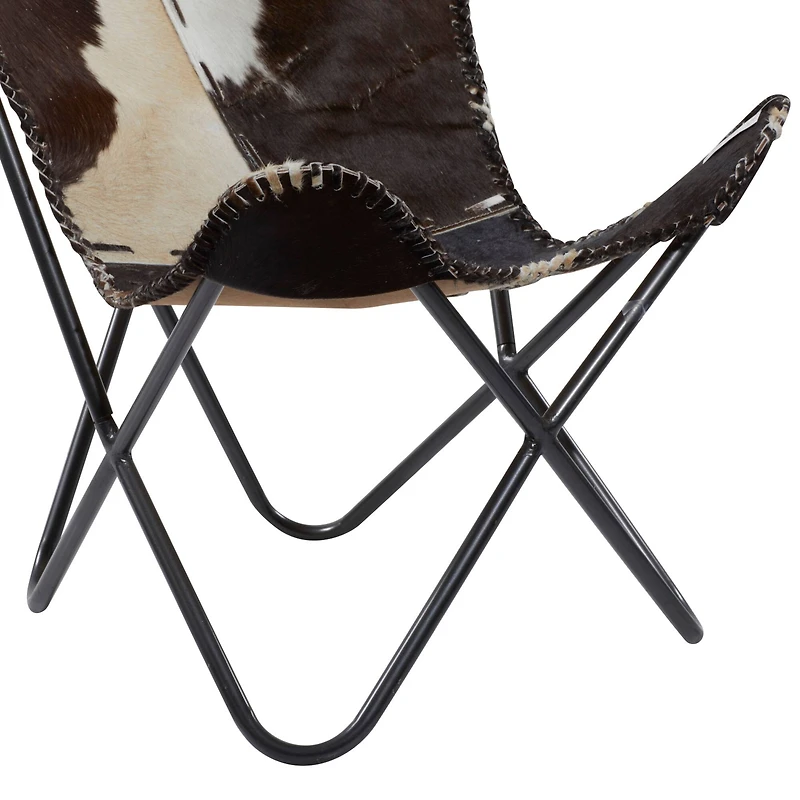 White Cow Hide Leather and Iron Rustic Accent Chair, 36" x 29" x 30"