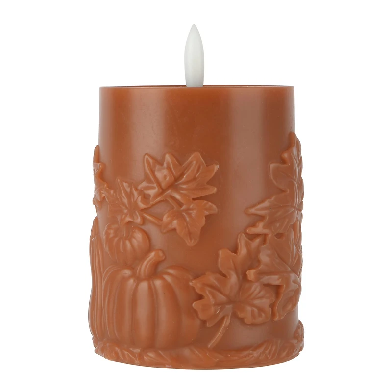 4" Orange Pumpkin & Leaf Wax LED Pillar Candle by Ashland®