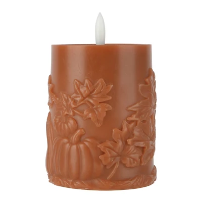 4" Orange Pumpkin & Leaf Wax LED Pillar Candle by Ashland®