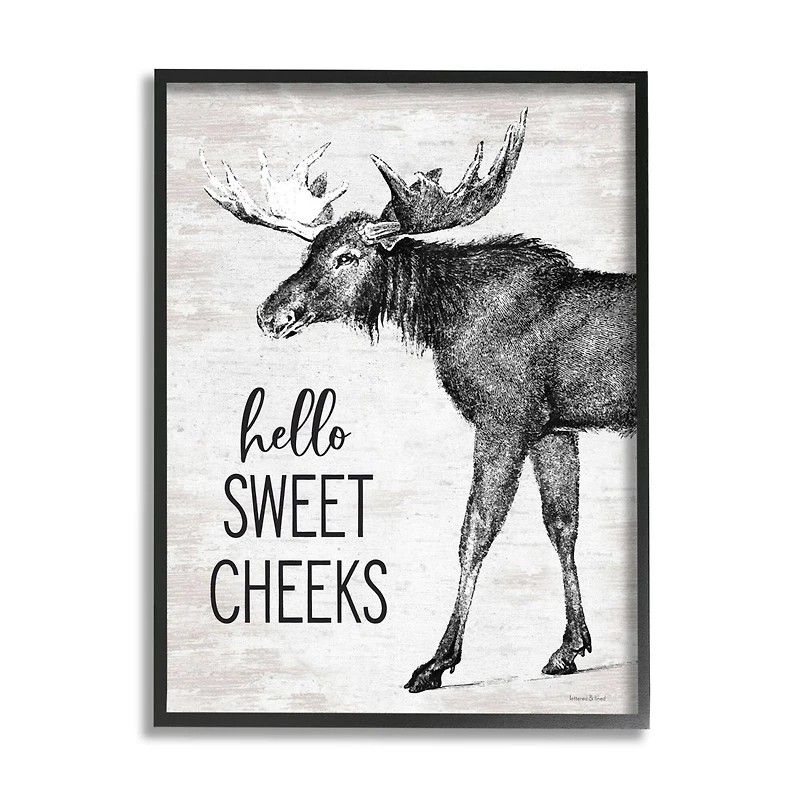 Stupell Industries Hello Sweet Cheeks Funny Bathroom Humor Rustic Moose Framed Wall Art