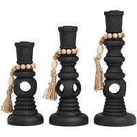 Black Wood Handmade Textured Matte Candle Holder with Beaded Garland Set