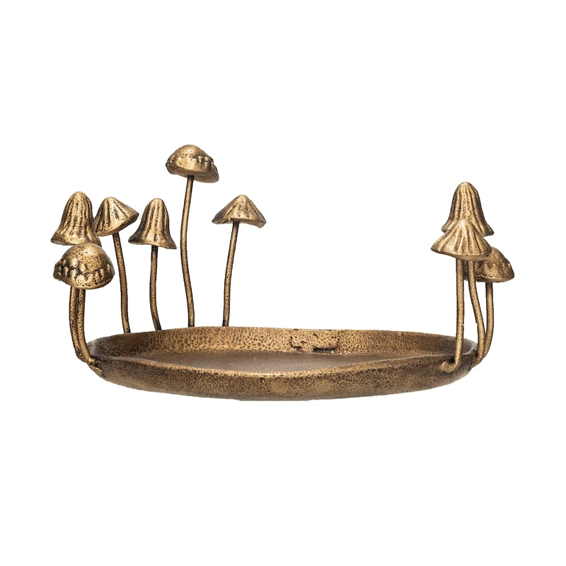 Hello Honey® 8.5" Gold Decorative Cast Metal Tray with Mushrooms