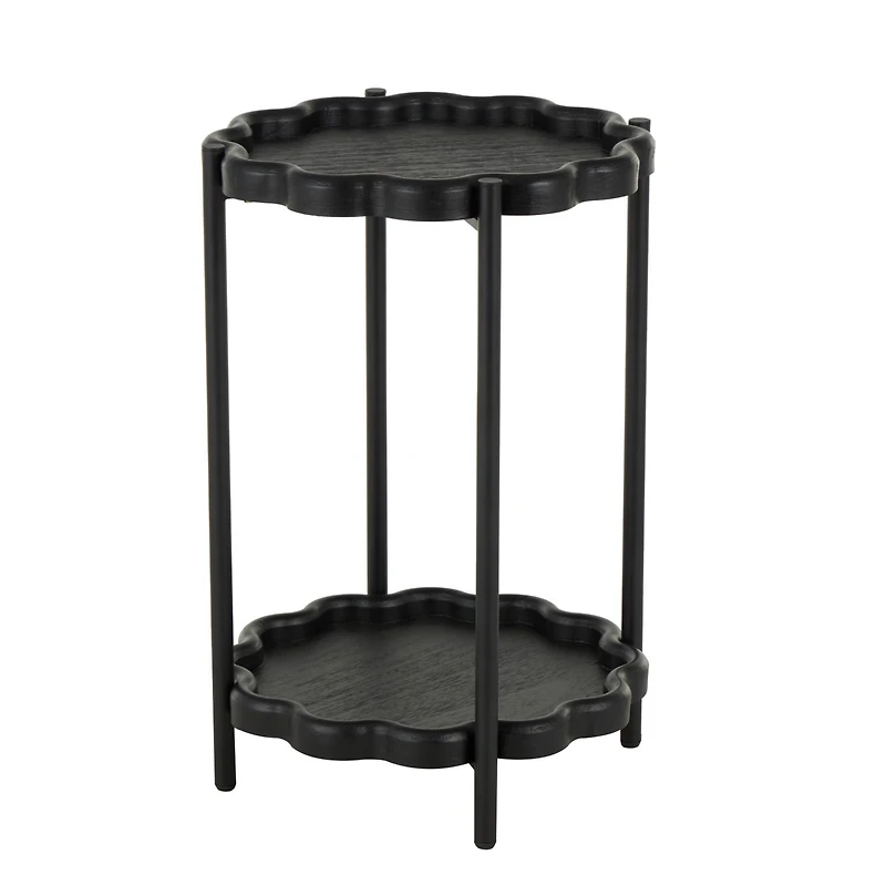 23.75" Black Wood Floral Inspired 2-Level Side End Accent Table with Metal Legs