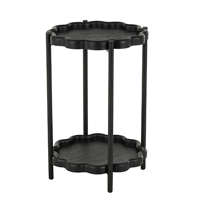23.75" Black Wood Floral Inspired 2-Level Side End Accent Table with Metal Legs