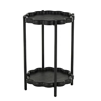 23.75" Black Wood Floral Inspired 2-Level Side End Accent Table with Metal Legs