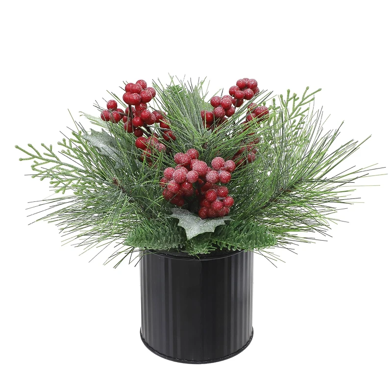 9.5" Glitter Pine, Cedar, Holly & Red Berry Arrangement in Black Metal Pot by Ashland®