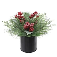 9.5" Glitter Pine, Cedar, Holly & Red Berry Arrangement in Black Metal Pot by Ashland®