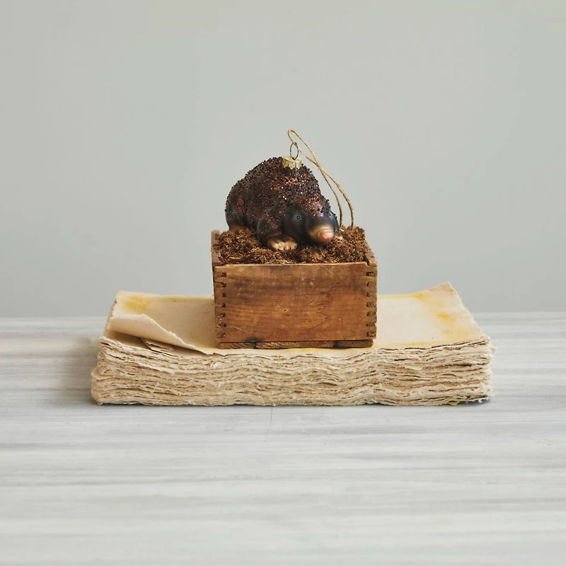 Hello Honey® Hand-Painted Brown Mole with Glitter Glass Ornament