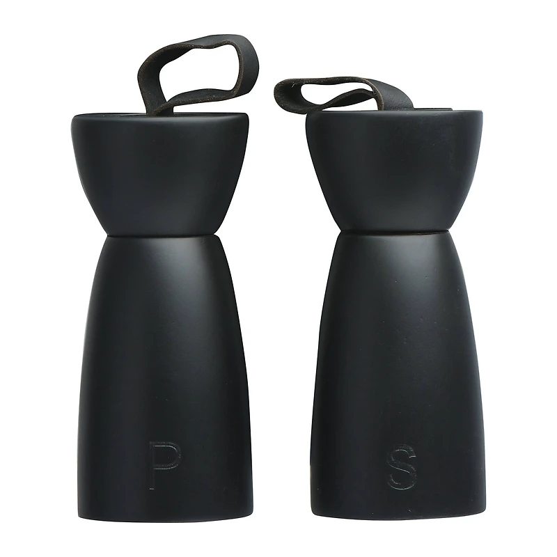 Hello Honey® Black Rubber Wood Salt & Pepper Mill with Leather Handle, 2ct.