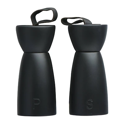 Hello Honey® Black Rubber Wood Salt & Pepper Mill with Leather Handle, 2ct.