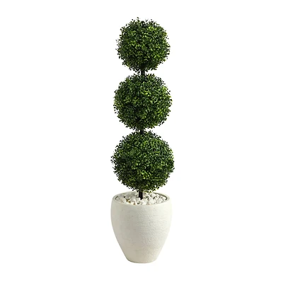 3.5ft. Boxwood Triple Ball Topiary Artificial Tree in White Planter