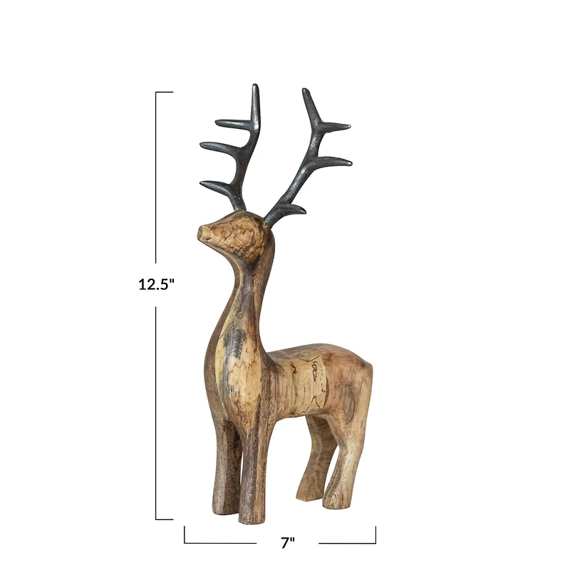 Hello Honey® 12.5" Natural & Black Mango Wood Standing Reindeer with Aluminum Antlers