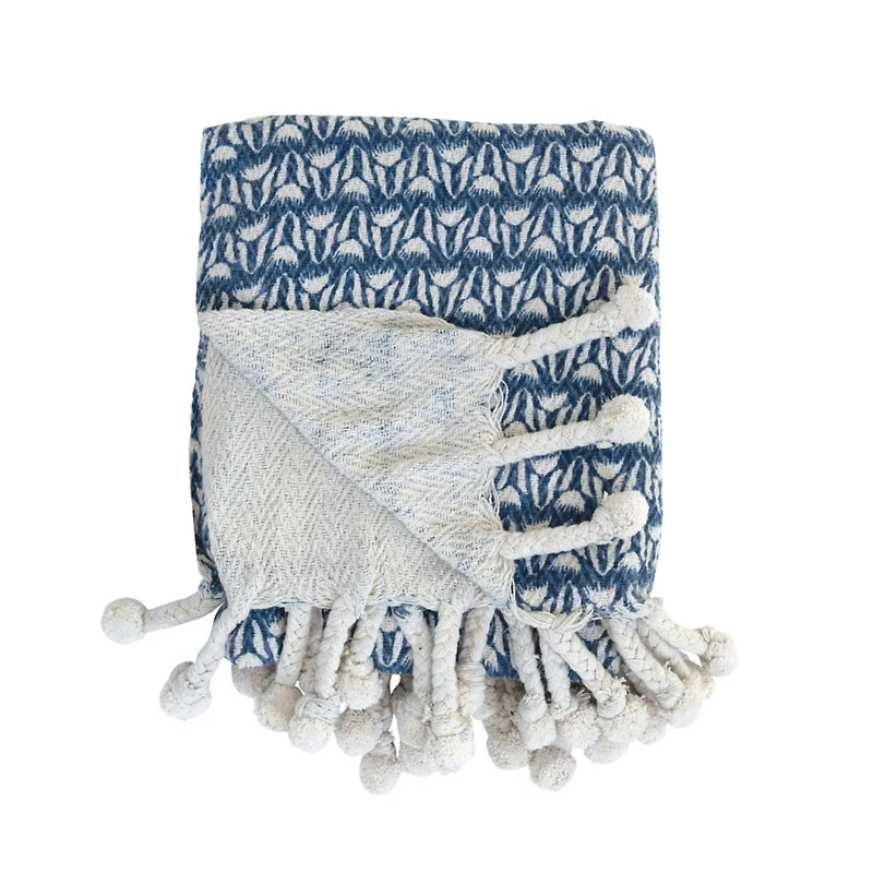 Hello Honey® Blue & Cream Printed Cotton Throw Blanket with Braided Pom Pom Tassels