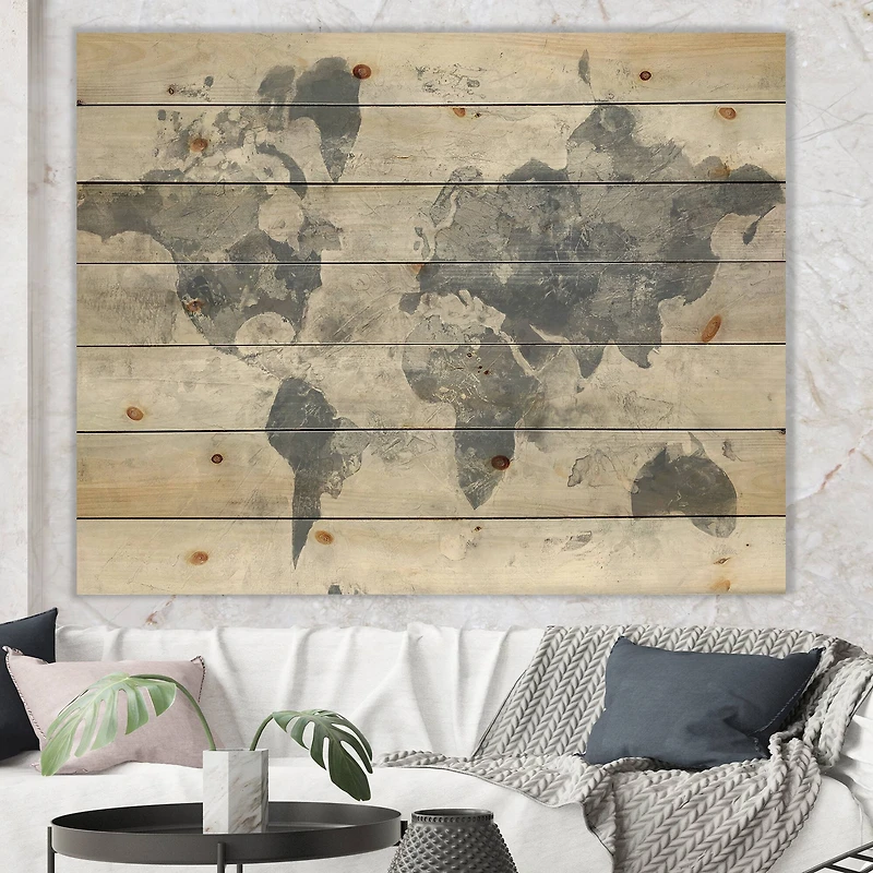 Designart - Golden Grey World Neutral - Traditional Print on Natural Pine Wood