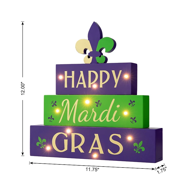 Glitzhome® 11.75" Lighted Mardi Gras Wooden Fleur-de-Lis Block Table Sign