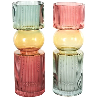 14" Multicolor Abstract Glass Ribbed Vase Set