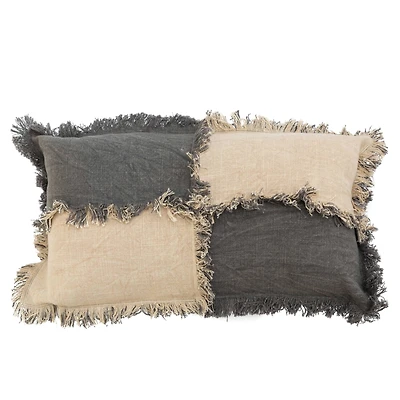 Hello Honey® Beige & Charcoal Woven Cotton Slub Color Block Lumbar Pillow with Fringe