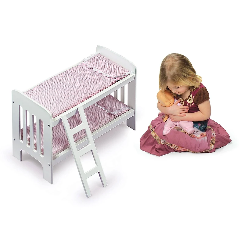 Badger Basket Pink & White Doll Bunk Bed with Bedding & Ladder