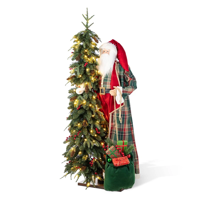 Glitzhome® 4FT Oversized Christmas Woodland Santa with 5FT Lighted Green Artificial Christmas Tree