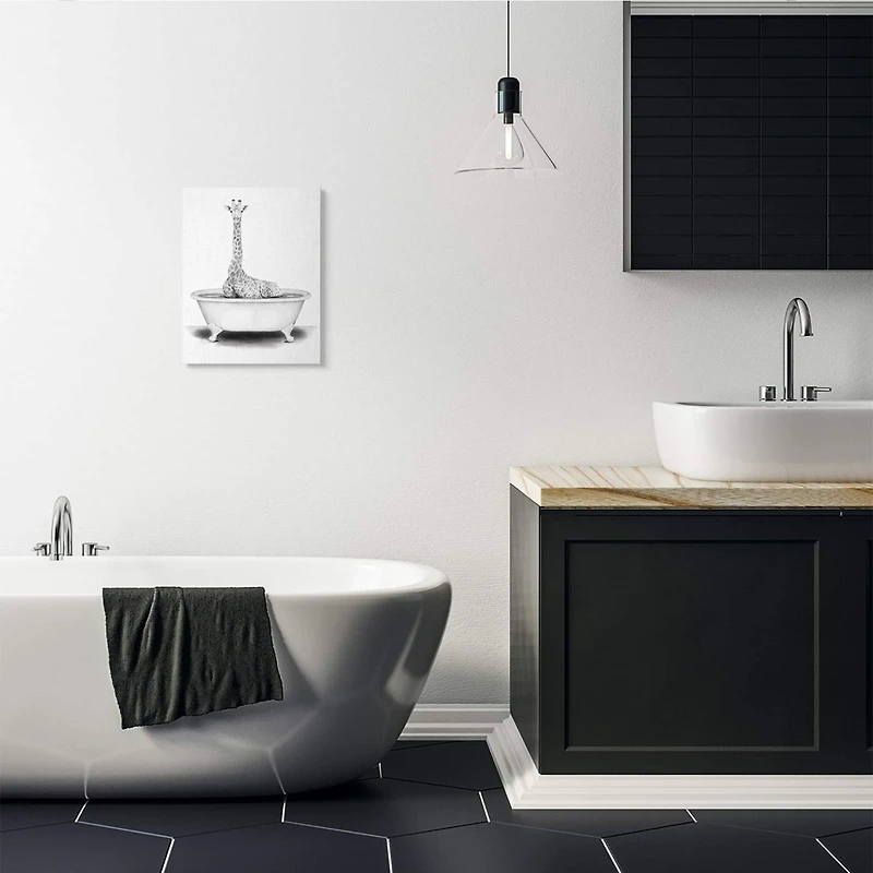 Stupell Industries Giraffe In A Tub Funny Animal Bathroom Drawing Canvas Wall Art