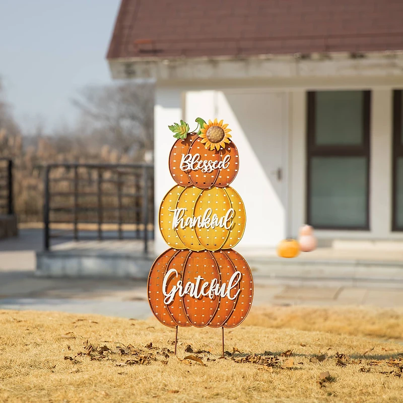 Glitzhome® 35.5" Thanksgiving Metal Stacked Pumpkins Yard Stake