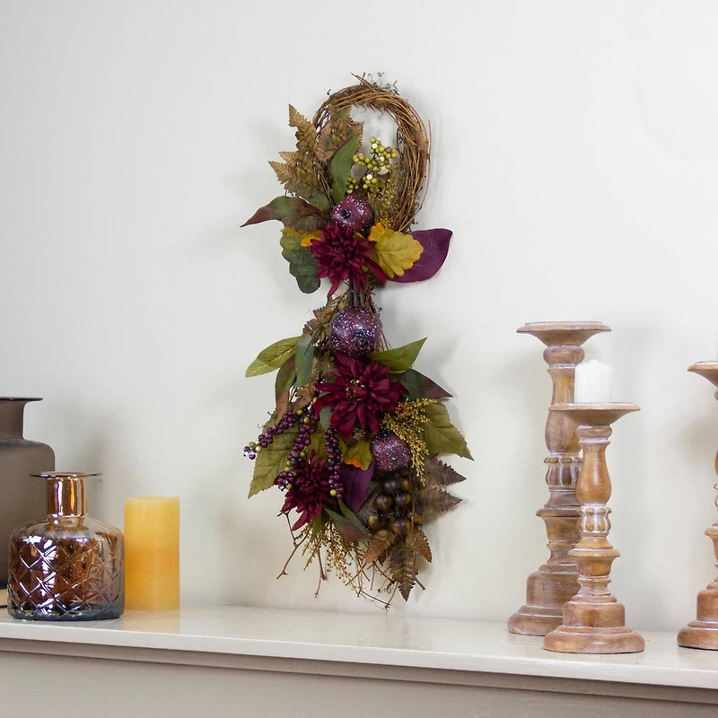 2.3ft. Autumn Harvest Mums with Pomegranate Autumn Grapevine Teardrop Swag