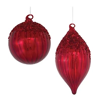 Sequined Red Glass Ball & Teardrop Ornament Set