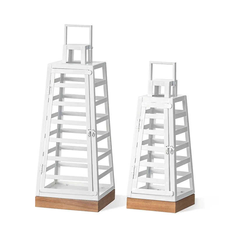 Glitzhome® White Modern Trapezoid Metal & Wood Lanterns Set