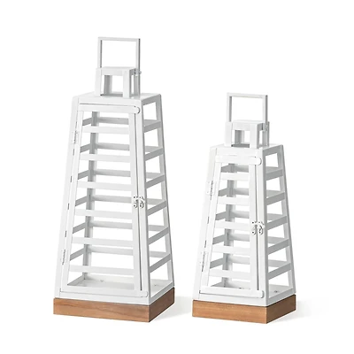 Glitzhome® White Modern Trapezoid Metal & Wood Lanterns Set
