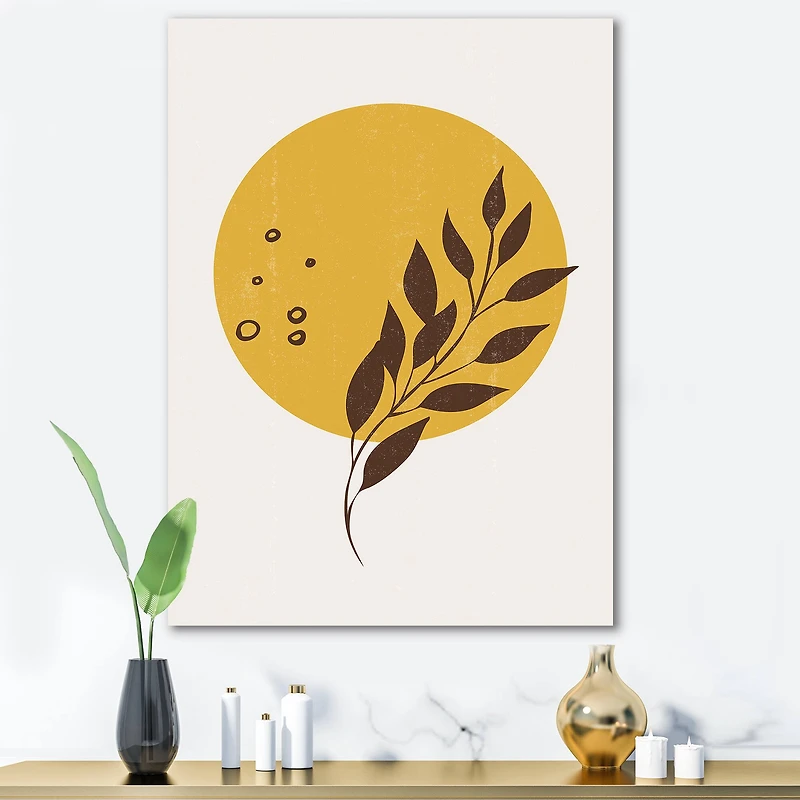 Designart - Abstract Yellow Sun and Moon With Tropical Leaf II
