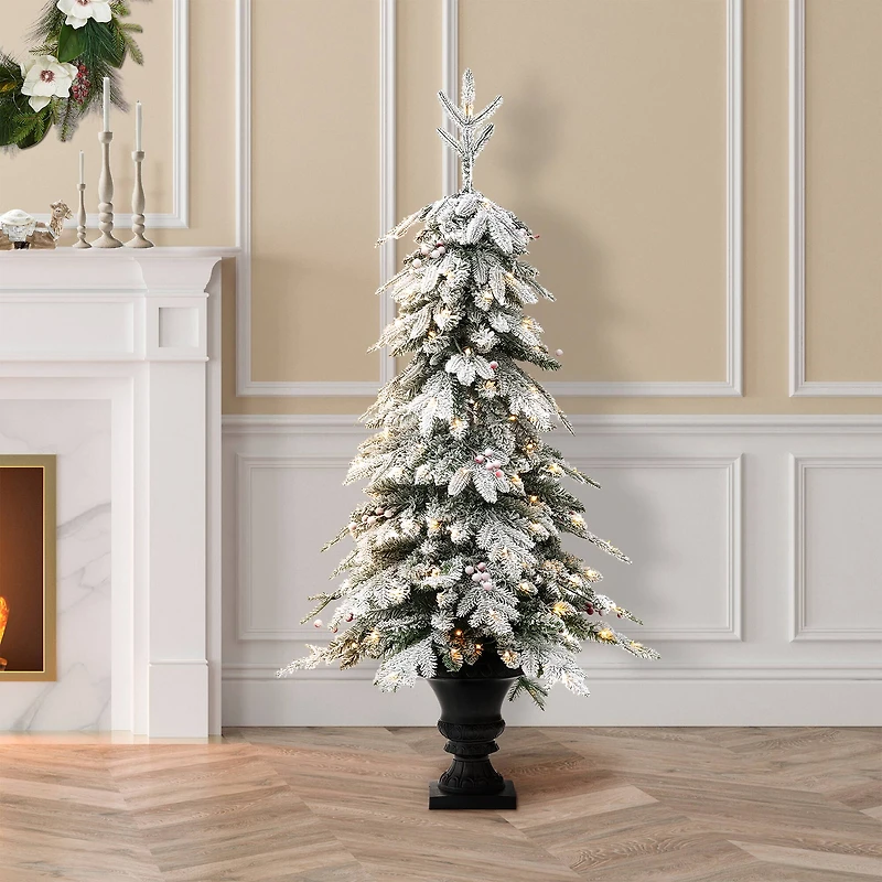5ft. Pre-Lit Flocked Berry Fir Artificial Christmas Porch Tree in Urn, Warm White Lights