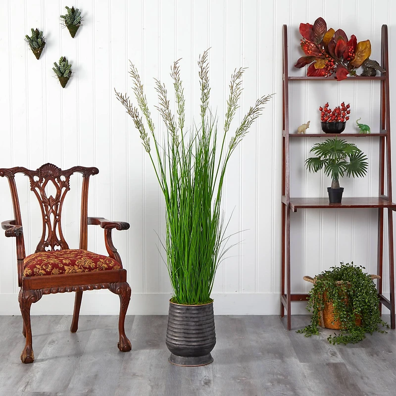5ft. Wheat Grass Plant in Ribbed Metal Planter