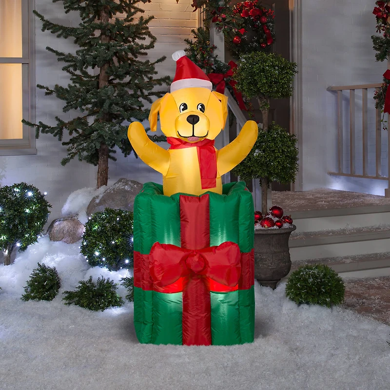 5ft. Airblown® Inflatable Animated Puppy in Christmas Gift Box