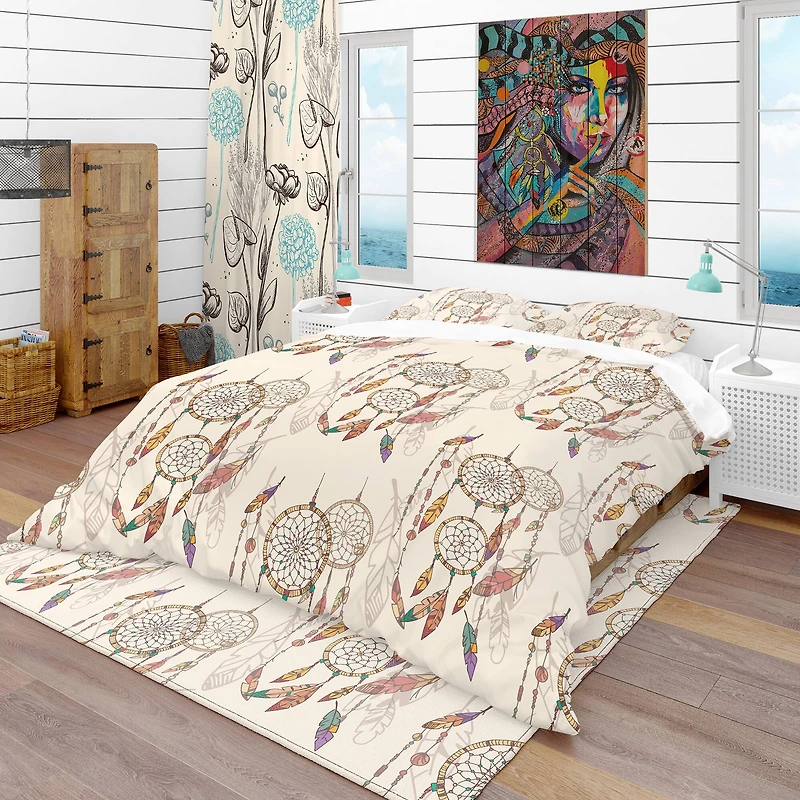 Designart 'Bohemian Dream Catcher with Beads & Feathers' Southwestern Bedding Set - Duvet Cover & Shams, Full/Queen