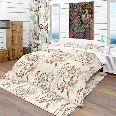 Designart 'Bohemian Dream Catcher with Beads & Feathers' Southwestern Bedding Set - Duvet Cover & Shams, Full/Queen