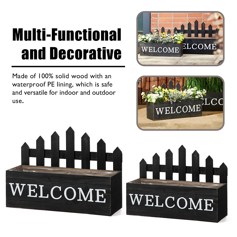 Glitzhome® Black Wood WELCOME Fence-Inspired Planter Stand Set