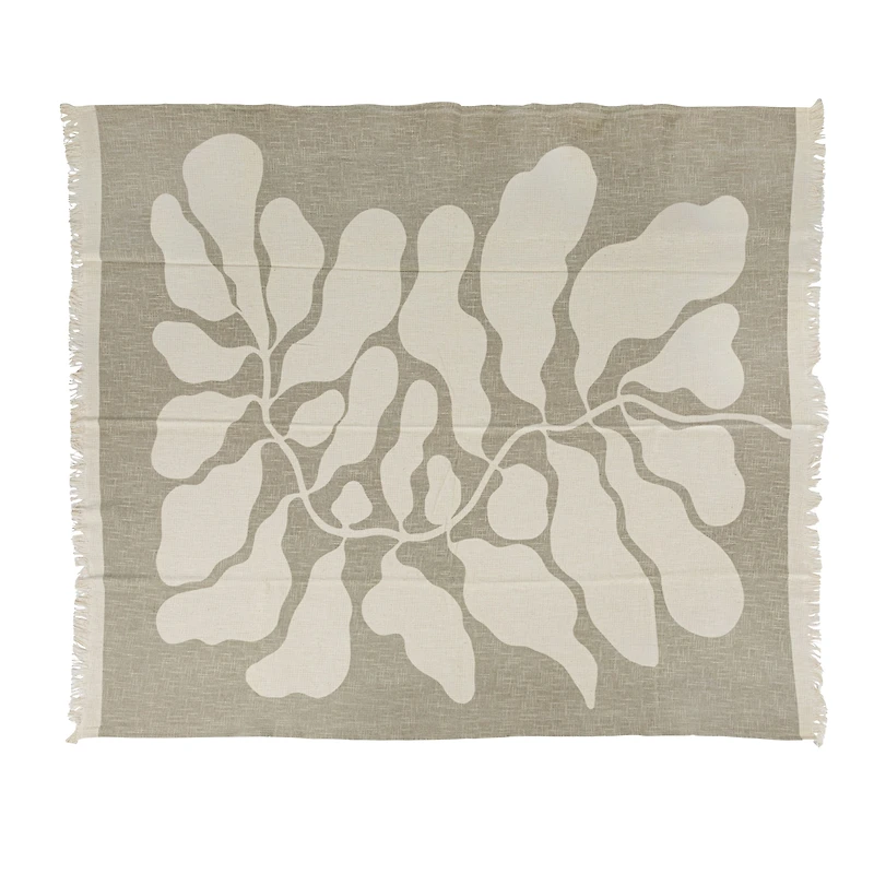 Hello Honey® Tan Botanical Print & Fringe Cotton Slub Throw Blanket