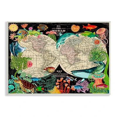 Stupell Industries Vintage World Hemisphere Map Vibrant Marine Animal Illustrations Wall Plaque