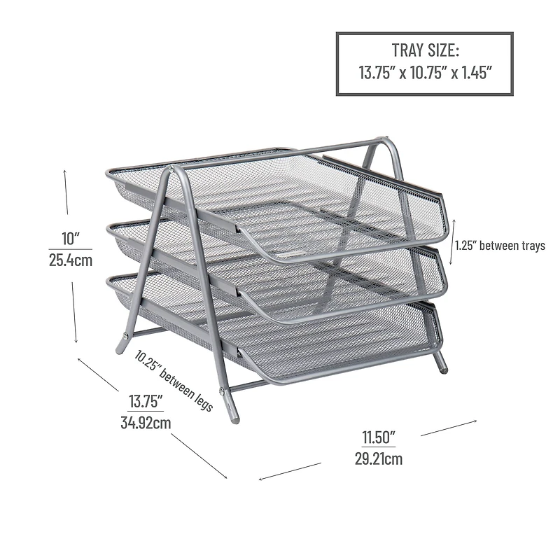 Mind Reader Network Collection Silver Metal Mesh 3-Tier Paper Tray