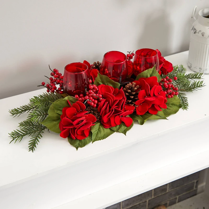 4" Triple Red Hydrangea Candelabrum Centerpiece