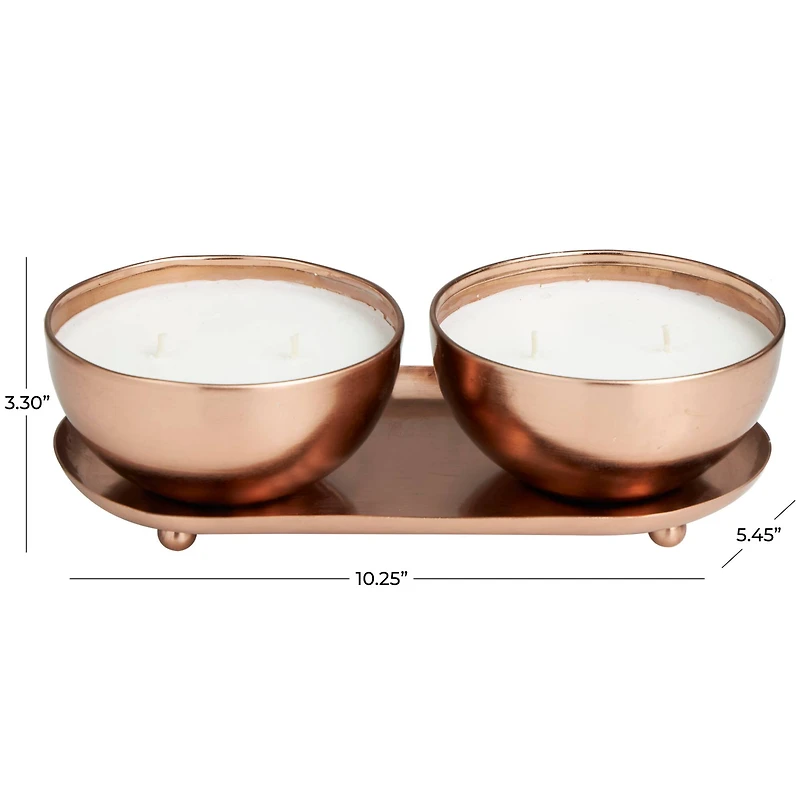 12oz. 2-Wick White Wax Tropical Breeze Scented Candle with Copper Container Bowls and Thin Oval Holding Tray Set