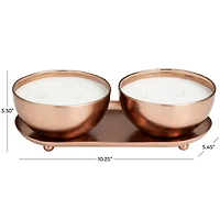 12oz. 2-Wick White Wax Tropical Breeze Scented Candle with Copper Container Bowls and Thin Oval Holding Tray Set