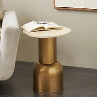 20" Gold Metal Pedestal Accent Table with Cream Marble Tabletop
