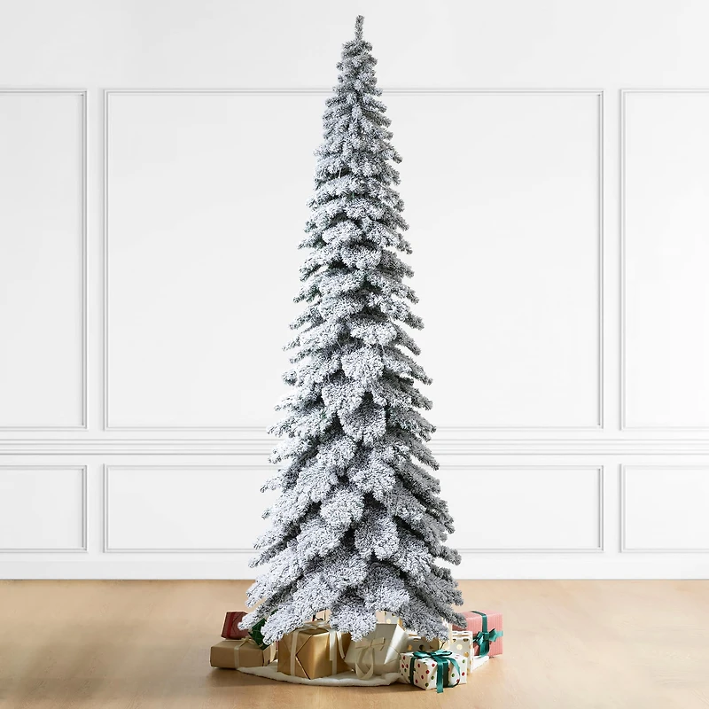 12ft. Pre-Lit Flocked Layered Slim Spruce Artificial Christmas Tree, Warm White LED Lights