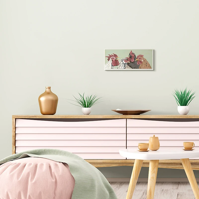 Stupell Industries Four Roosters Clucking Farm Birds over Green, 7" x 17"