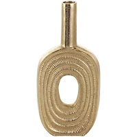 16" Gold Aluminum Metal Geometric Circular Vase with Linear Etchings