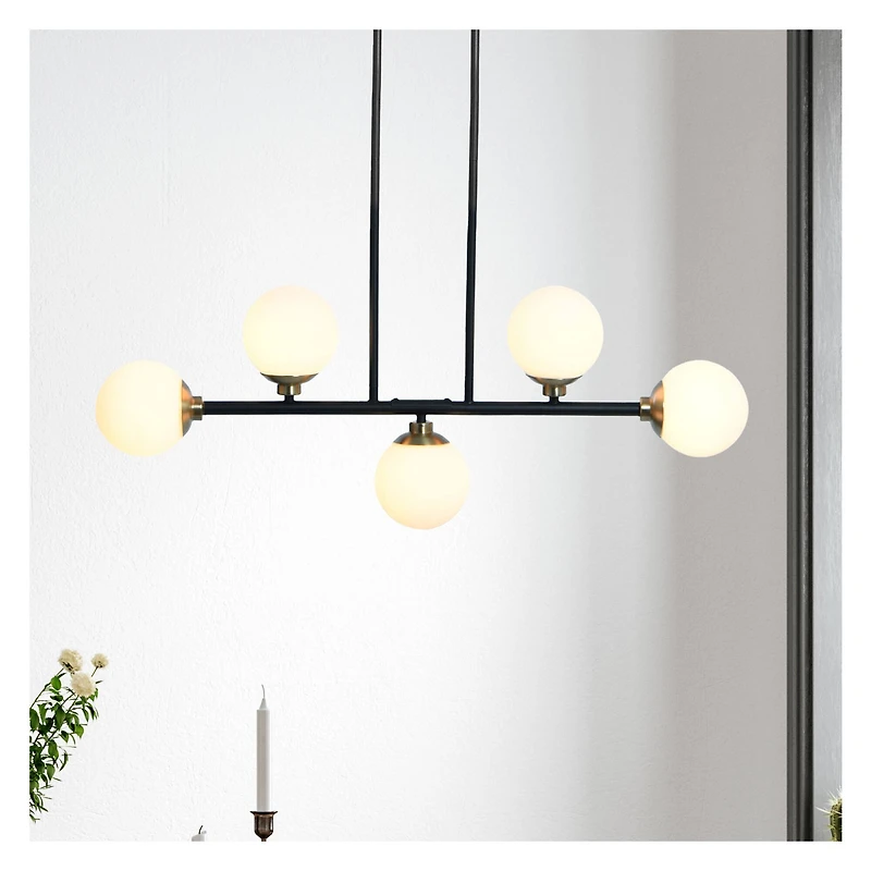 Hello Honey® Robert Stevenson Lighting Lorne Matte Black Metal & Frosted Glass 5-Light Chandelier
