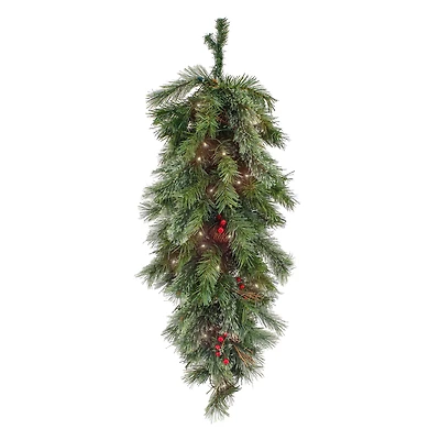 36" Glistening Pine Teardrop with Pine Cones, Red Berries & Twigs