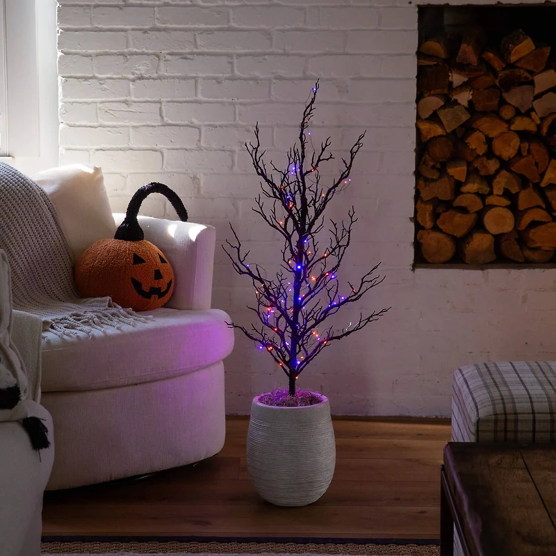 3ft. Pre-Lit Artificial Halloween Black Spooky Twig Tree with 100 Orange & Purple Copper Wire String LED Lights